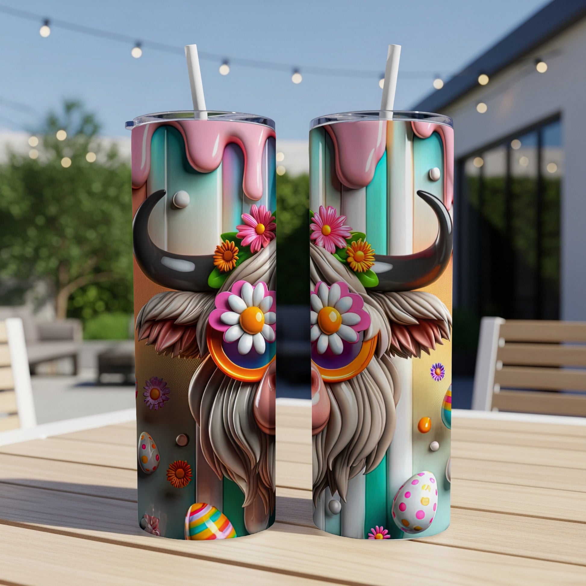 Highland cow with colorful Easter eggs and flowers on a tumbler.