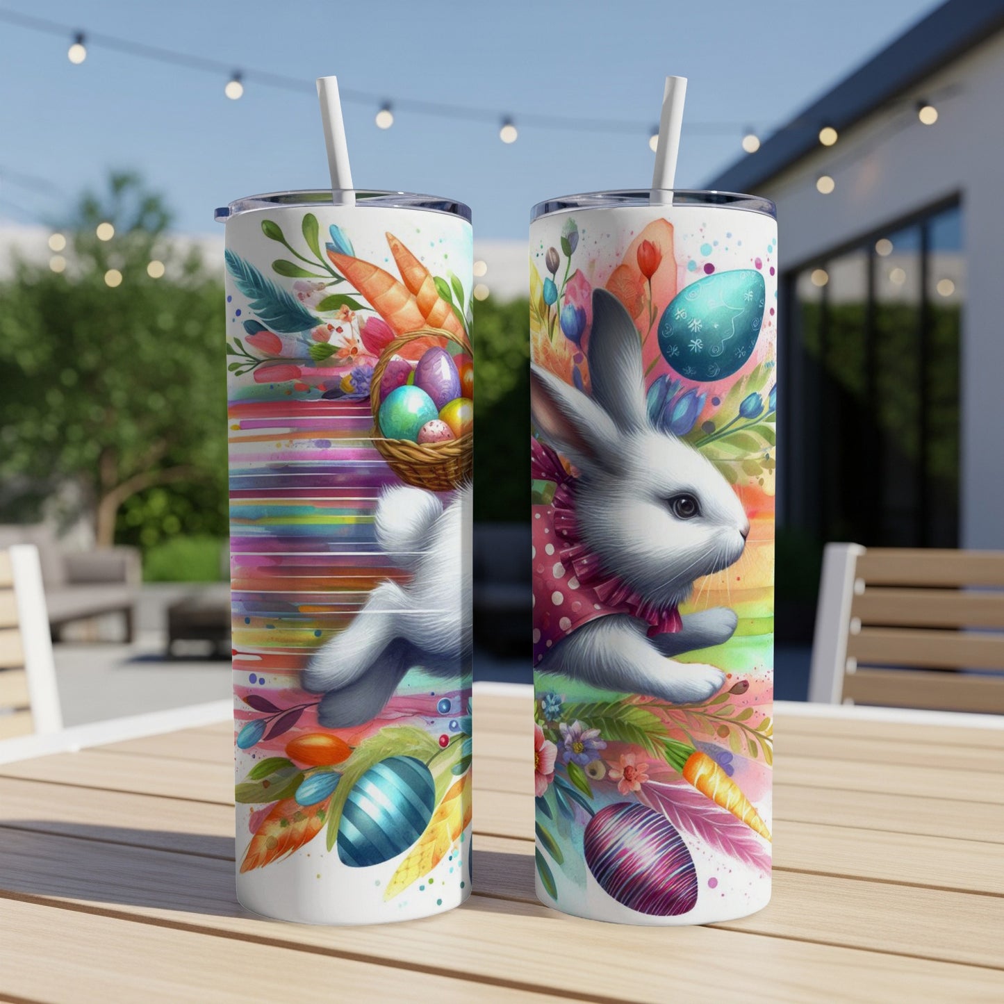 White rabbit with carrots and Easter eggs on a colorful striped background.