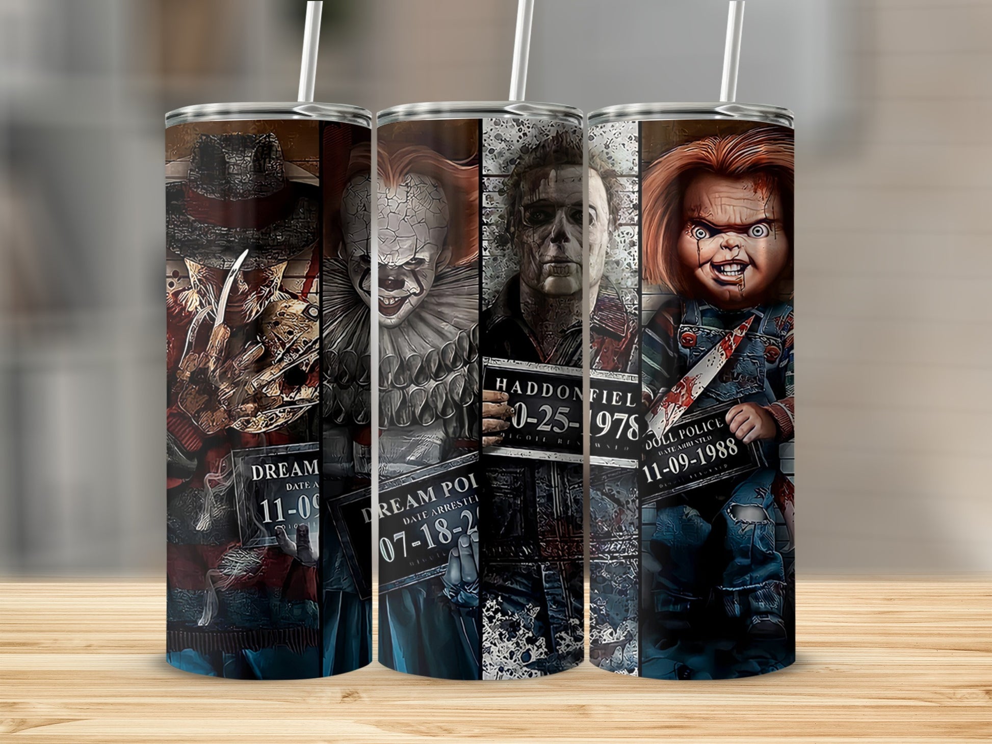 Tumblers featuring horror characters Freddy, Pennywise, Michael Myers, and Chucky.