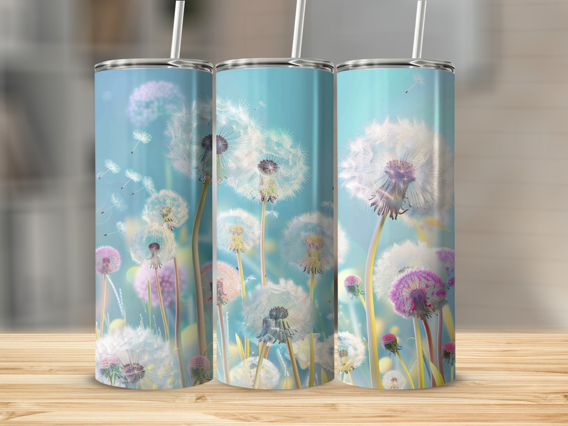 Three tumblers with dandelion seeds blowing in the wind on a light blue background.
