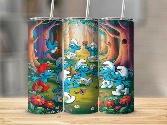 Smurfs in a forest scene with flowers and a bird.