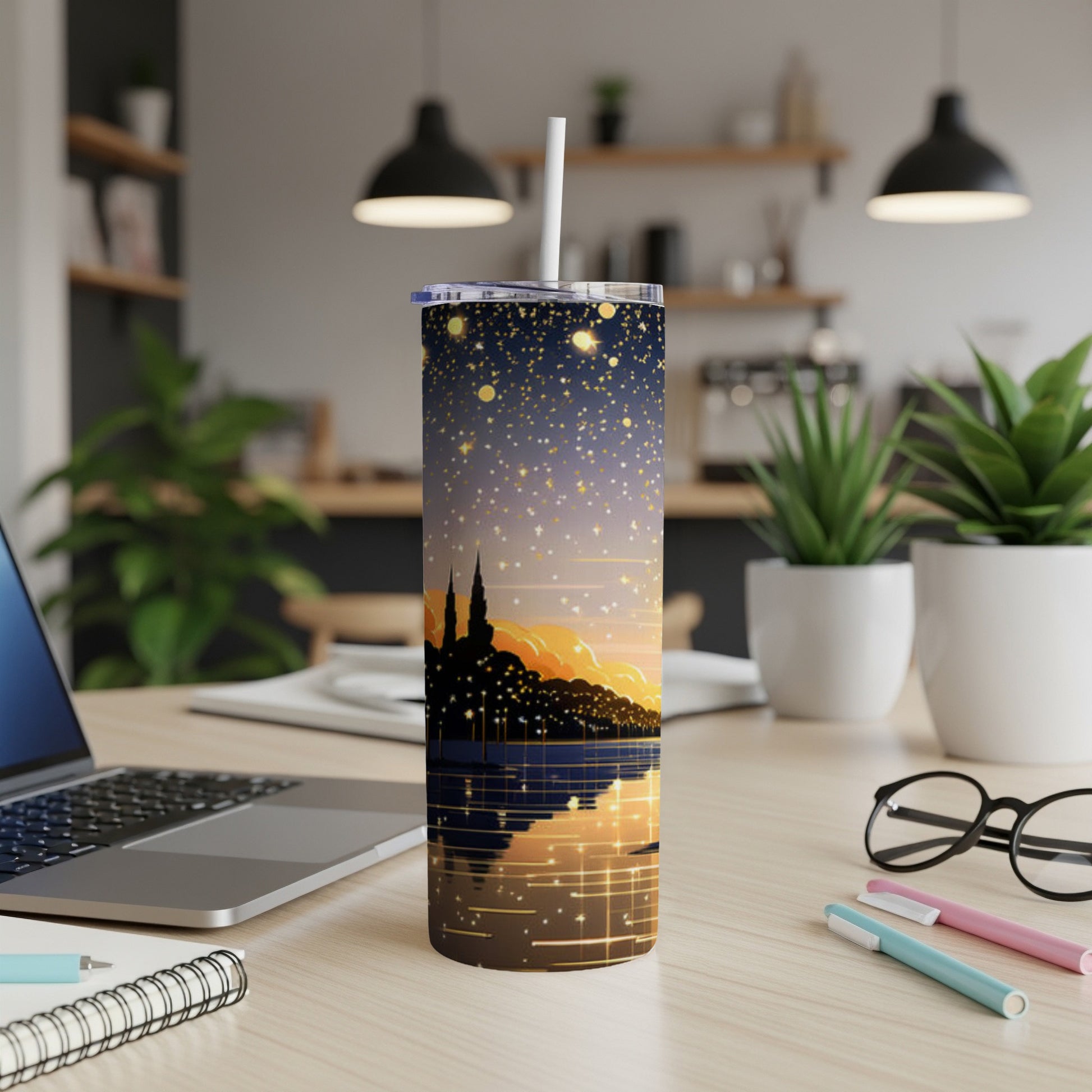 Tall tumbler with starry night sky and cityscape reflection.