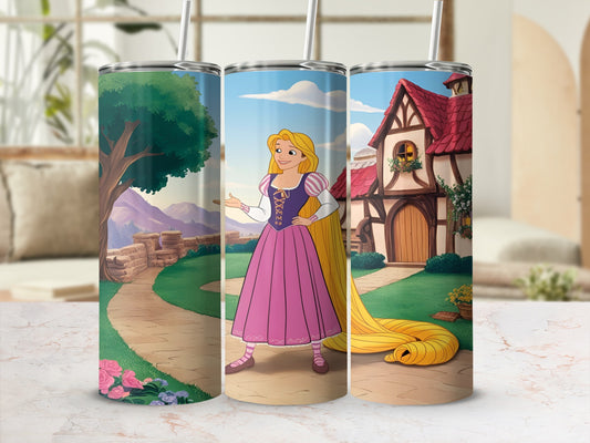 Rapunzel with her long blonde hair stands on a path beside a cottage.