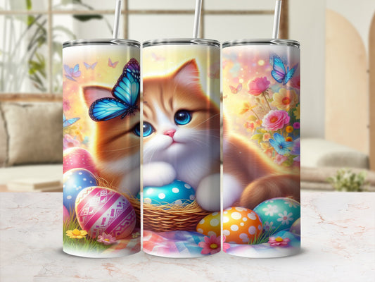 Orange tabby kitten with blue eyes surrounded by Easter eggs and butterflies.