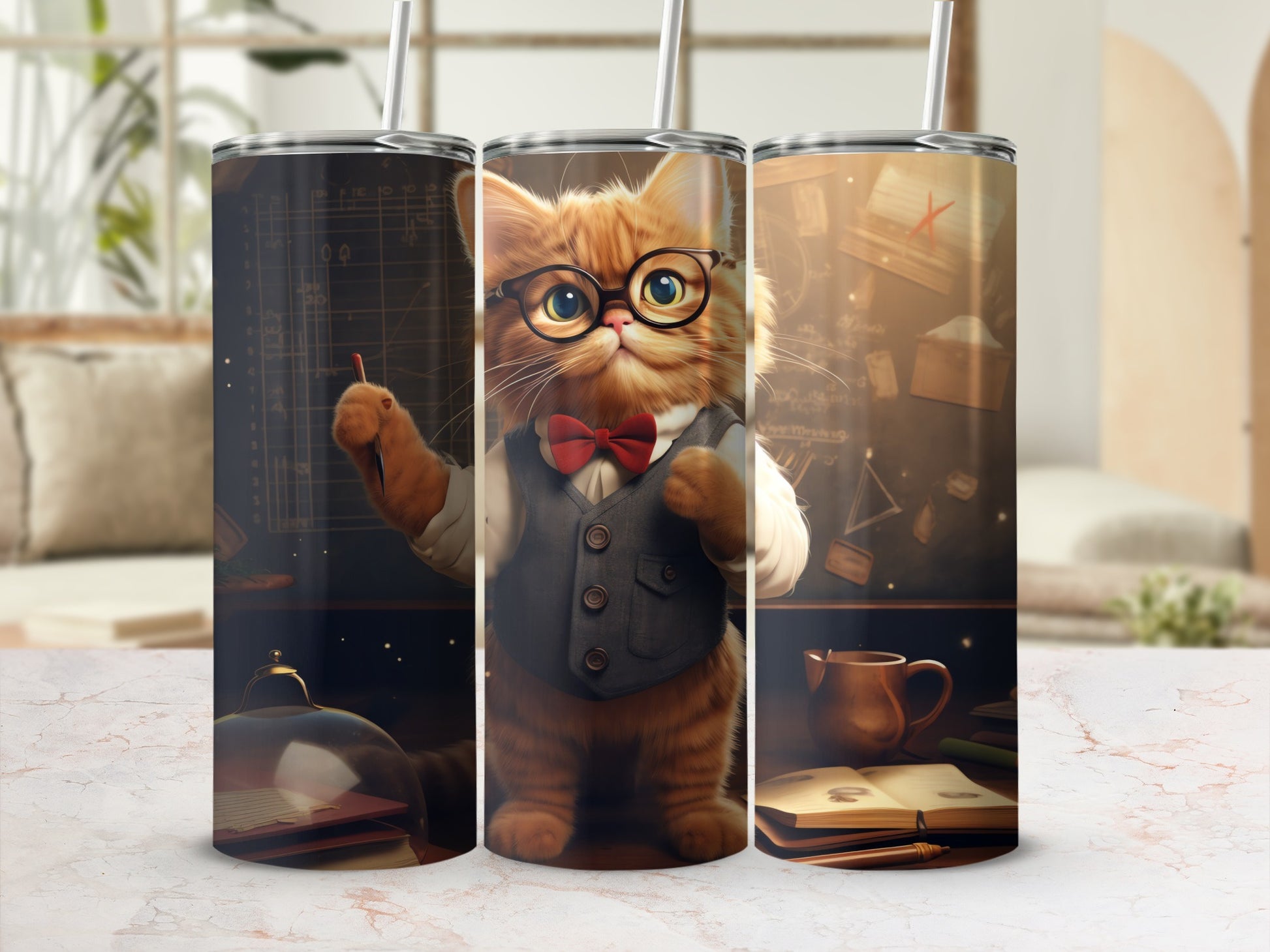 Academic Cat Professor Glasses Bow Tie Tumbler product type
Cat, Feline, Glasses, Bow Tie, Vest, Professor, Academic, Scholar, Smart Cat, Intellectual, Study Theme, Office Art, Desk Scene, Pencil, Books, Chart, Orange Cat, Ginger Cat, Cute Animal, Pet Lover