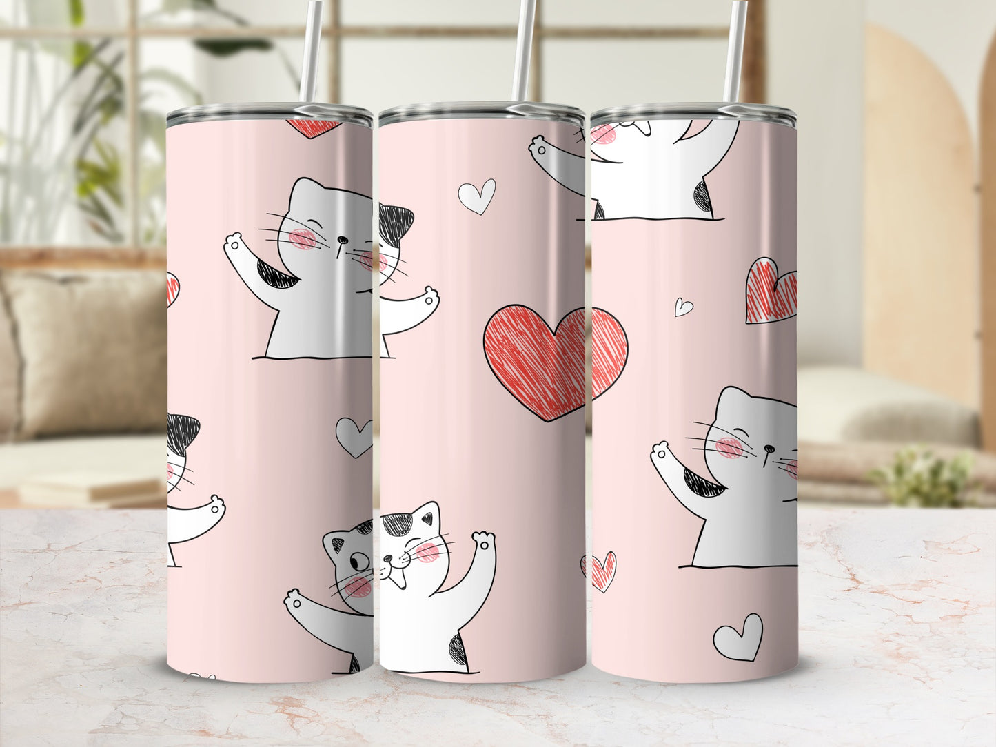 Pink Background Cute Cat and Heart Design Tumbler