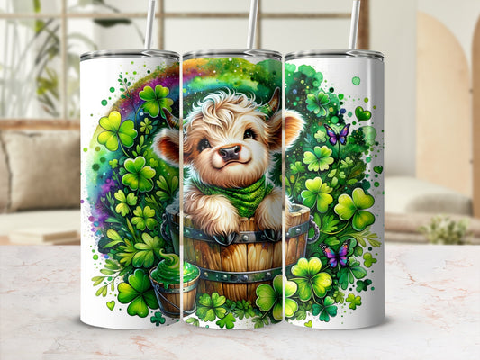 Cute calf in a bucket surrounded by shamrocks and butterflies.