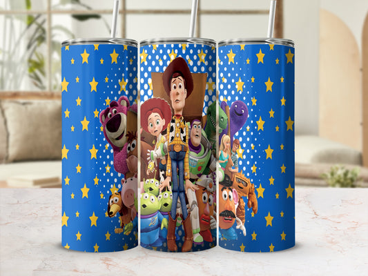 Toy Story characters on blue tumbler with yellow stars and polka dots.