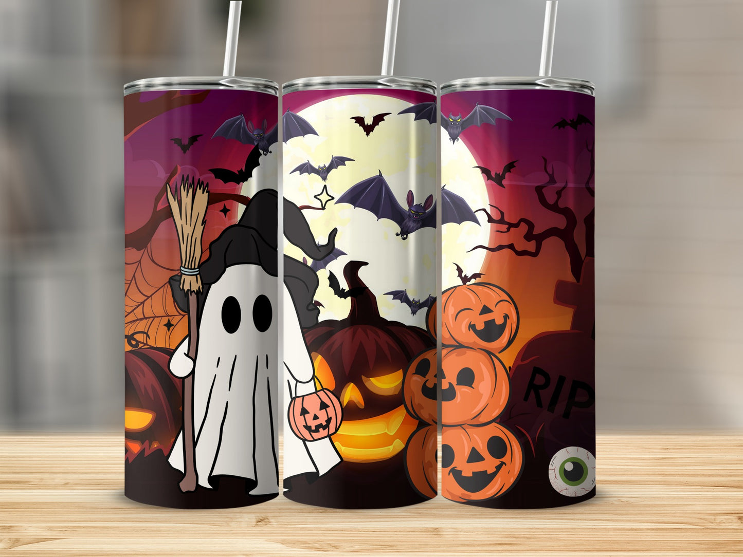 Halloween-themed tumblers with ghosts, bats, pumpkins, and a RIP tombstone.