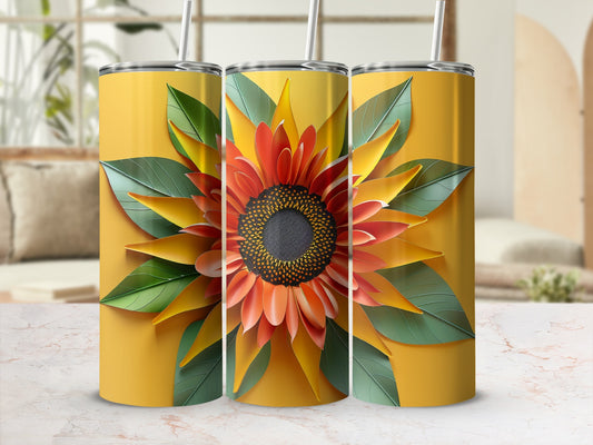 Sunflower design on three yellow tumblers with straws.