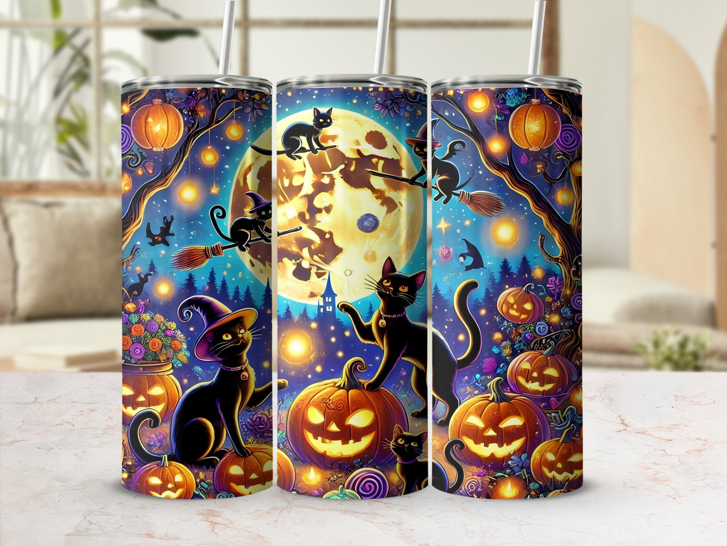 Halloween tumblers with black cats, pumpkins, and a full moon scene.