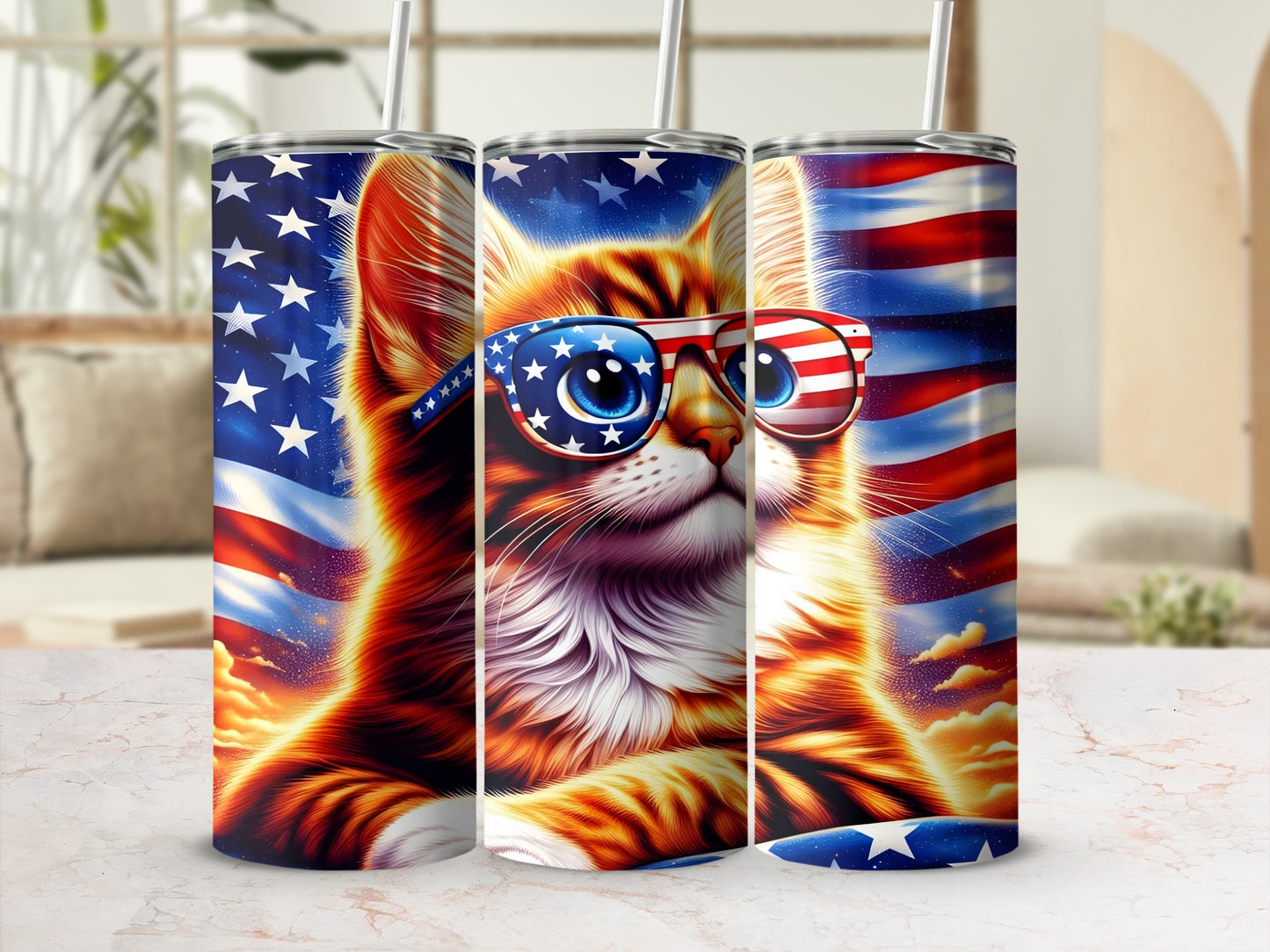 Cat wearing American flag sunglasses against starry background.