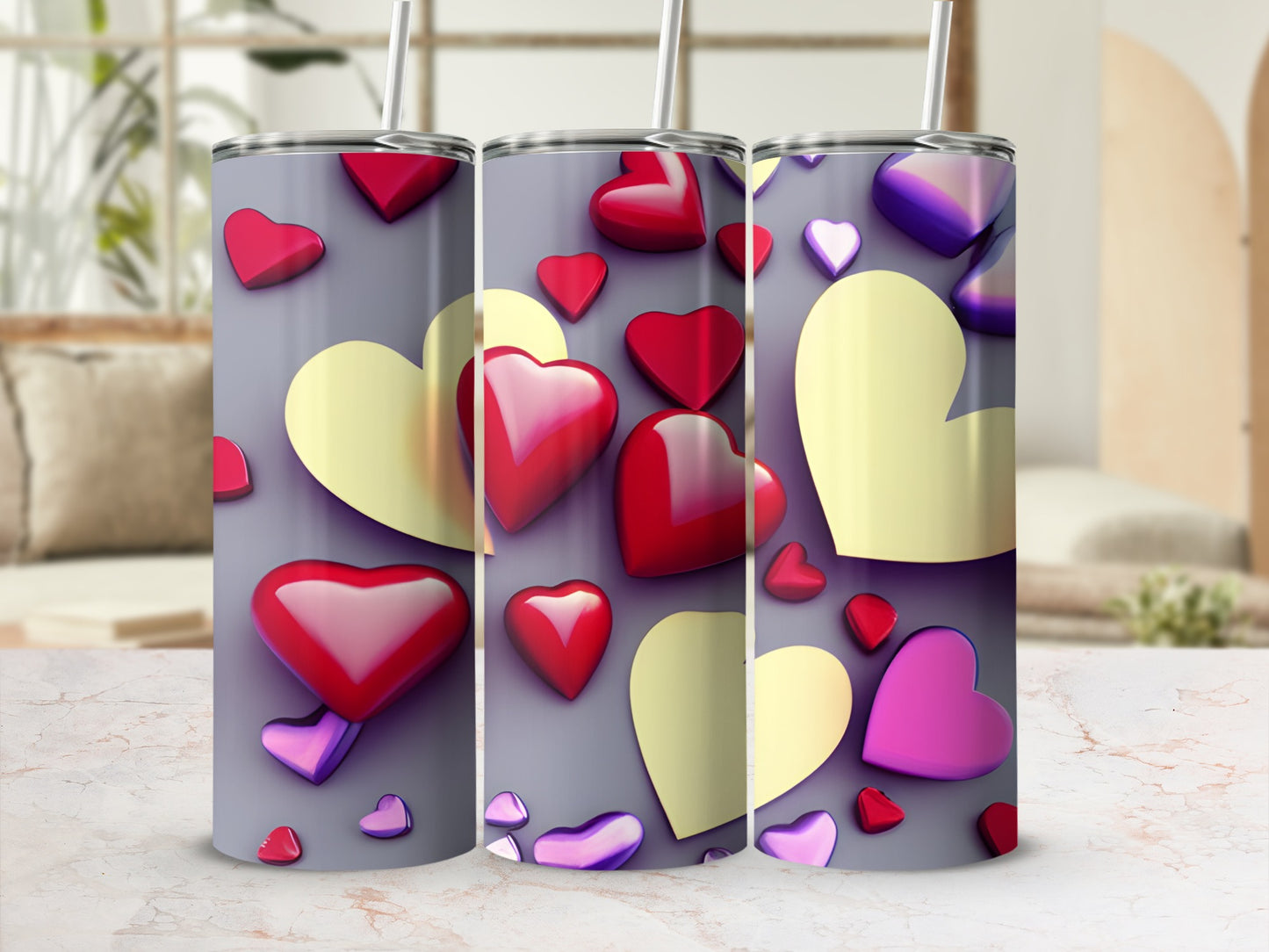 Three tumblers with a Valentine's Day heart pattern.
