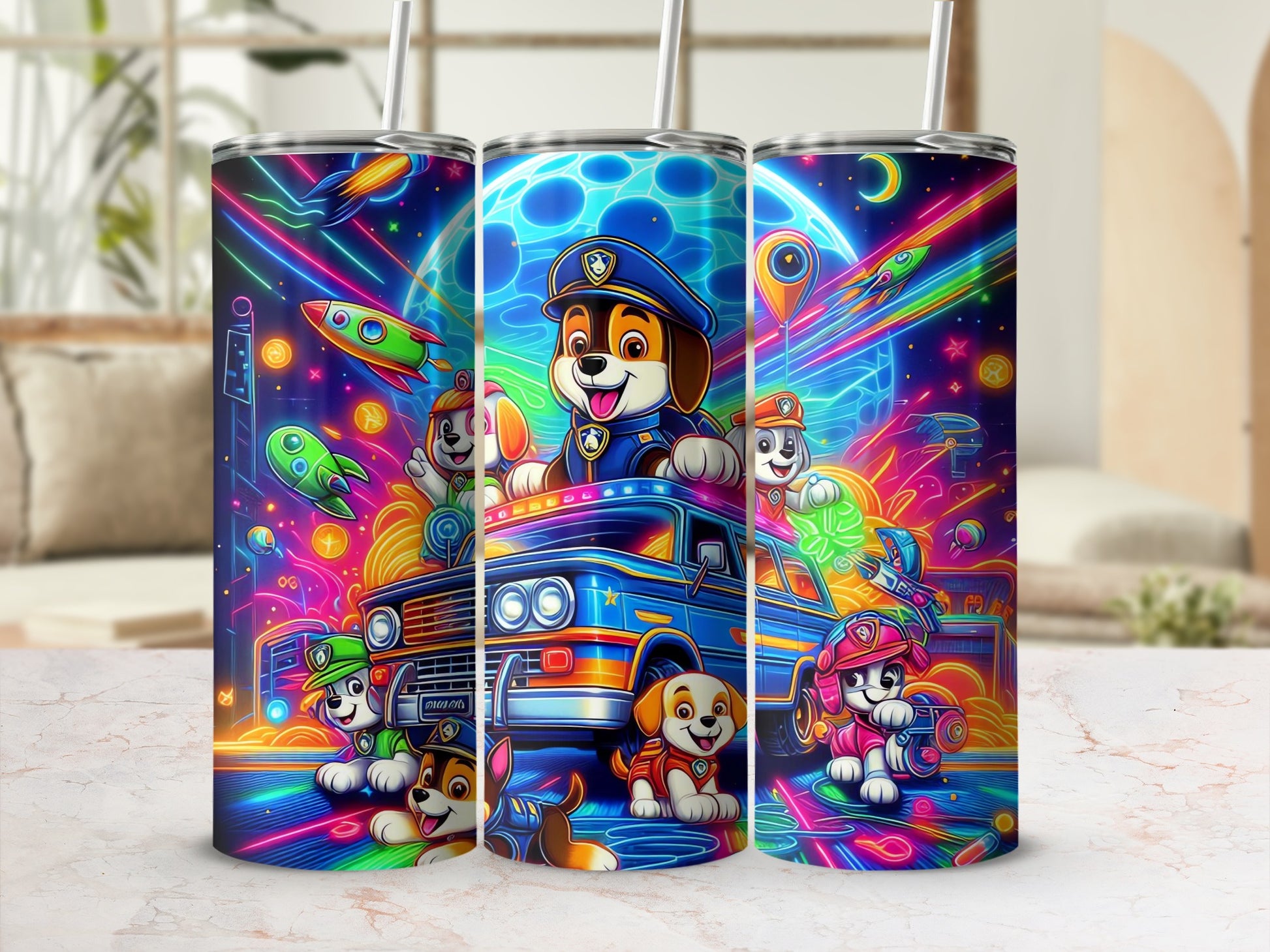 Cartoon Style Neon Space Adventure Tumbler Flask