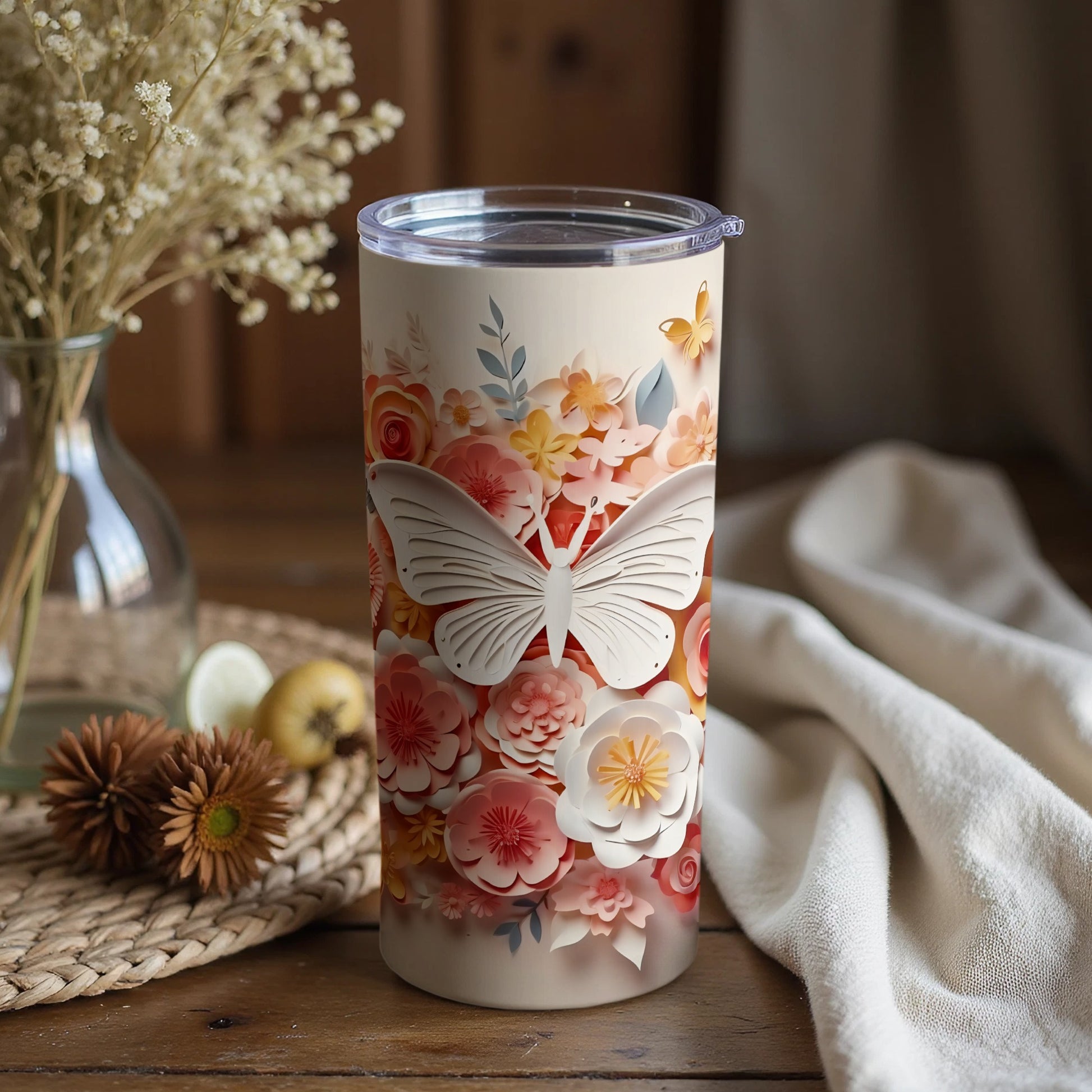 Floral Butterfly Design Insulated Tumbler 20 oz