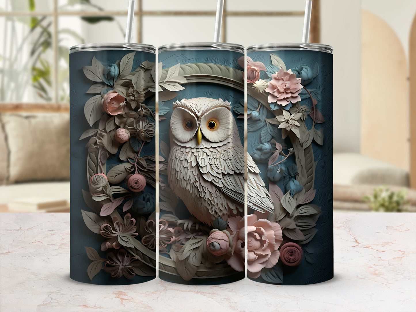 Triptych of owl and floral motifs on tumblers with straw.