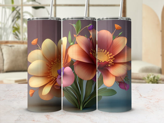Three tumblers with floral designs featuring large orange and pink flowers.