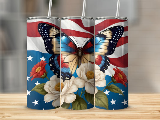 Butterfly on American flag with flowers on three tumblers.