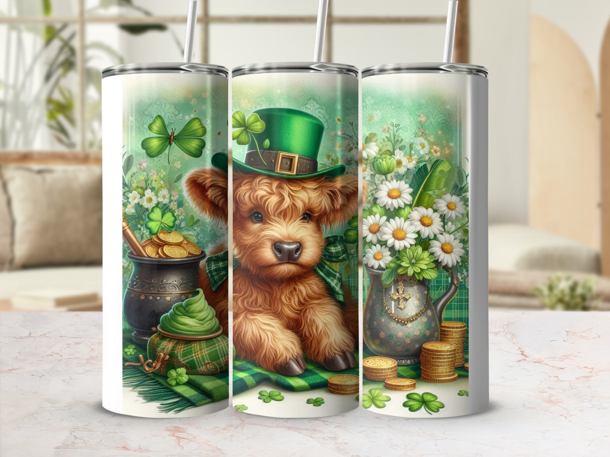 Highland cow wearing a green hat and shamrocks, surrounded by gold coins and flowers.