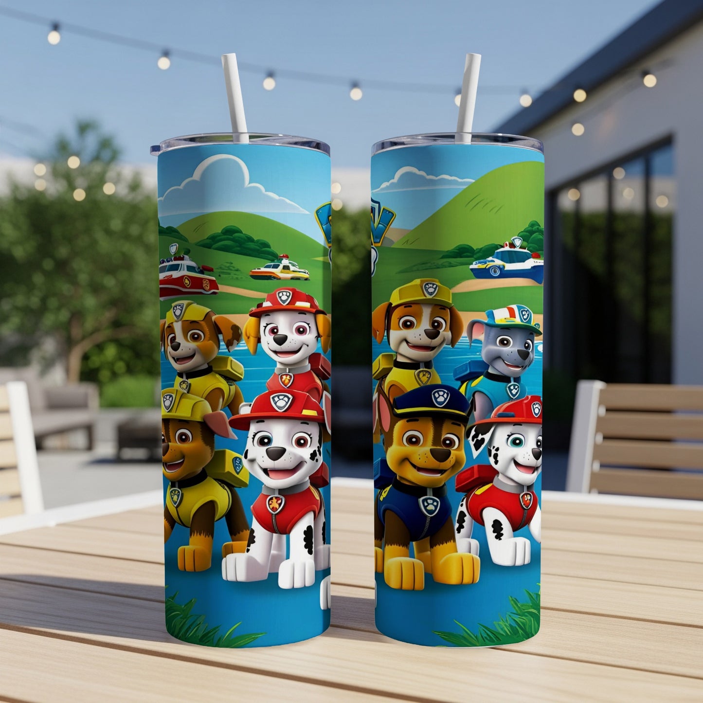 Paw Patrol pups in uniform standing on grass with a cartoon cityscape background.