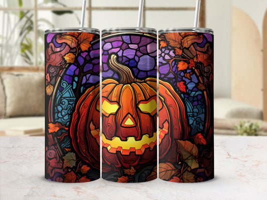 Jack-o'-lantern with stained glass background and autumn leaves.