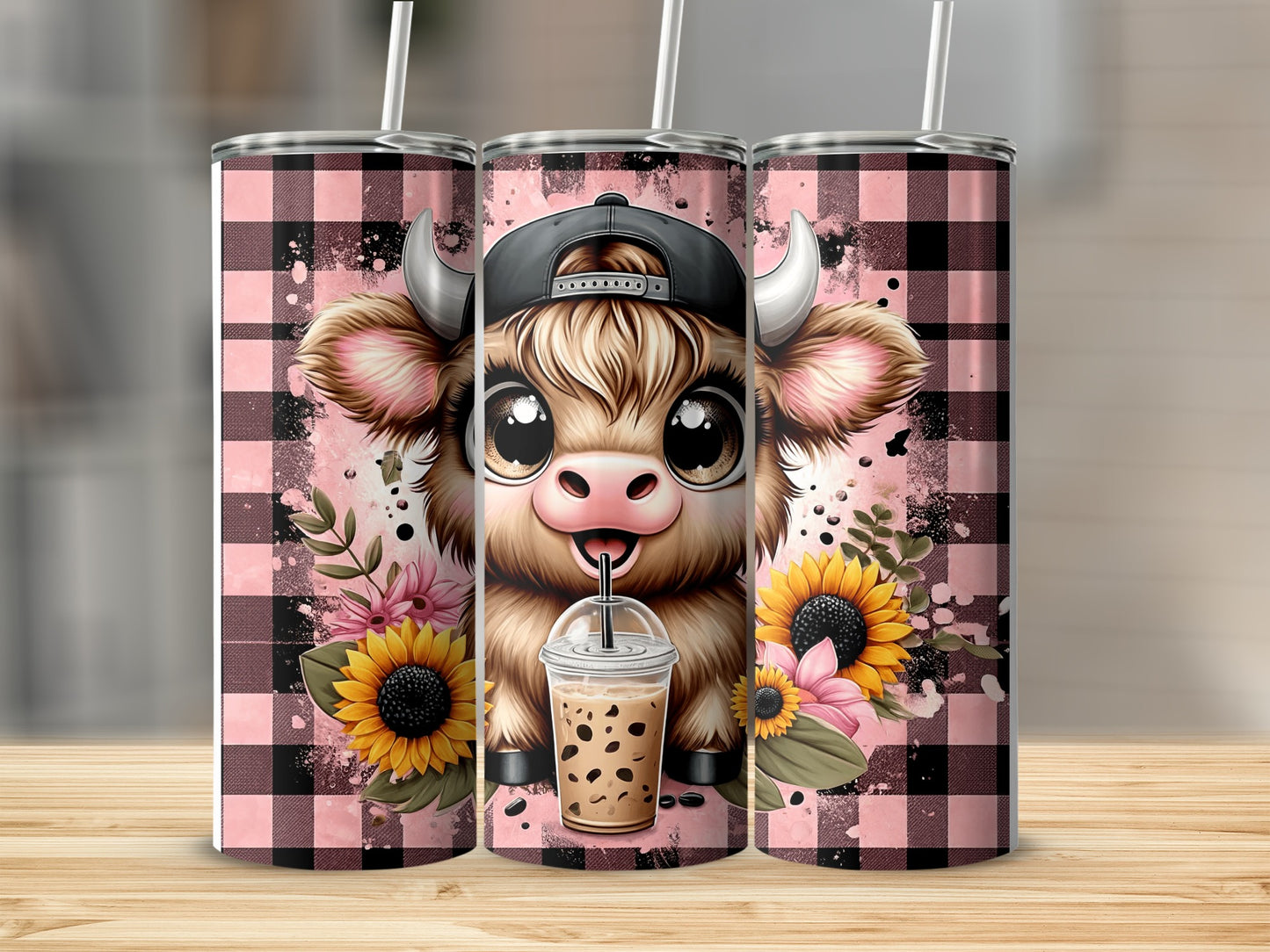 Cute cow with a boba tea and sunflowers on a pink buffalo plaid tumbler.