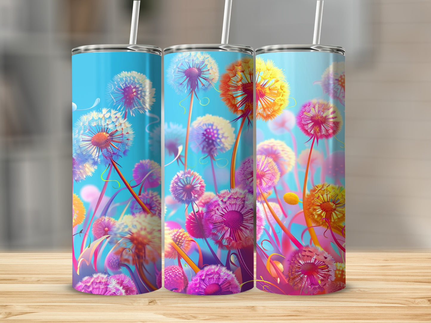 Three tumblers with a vibrant dandelion floral pattern on a light blue background.