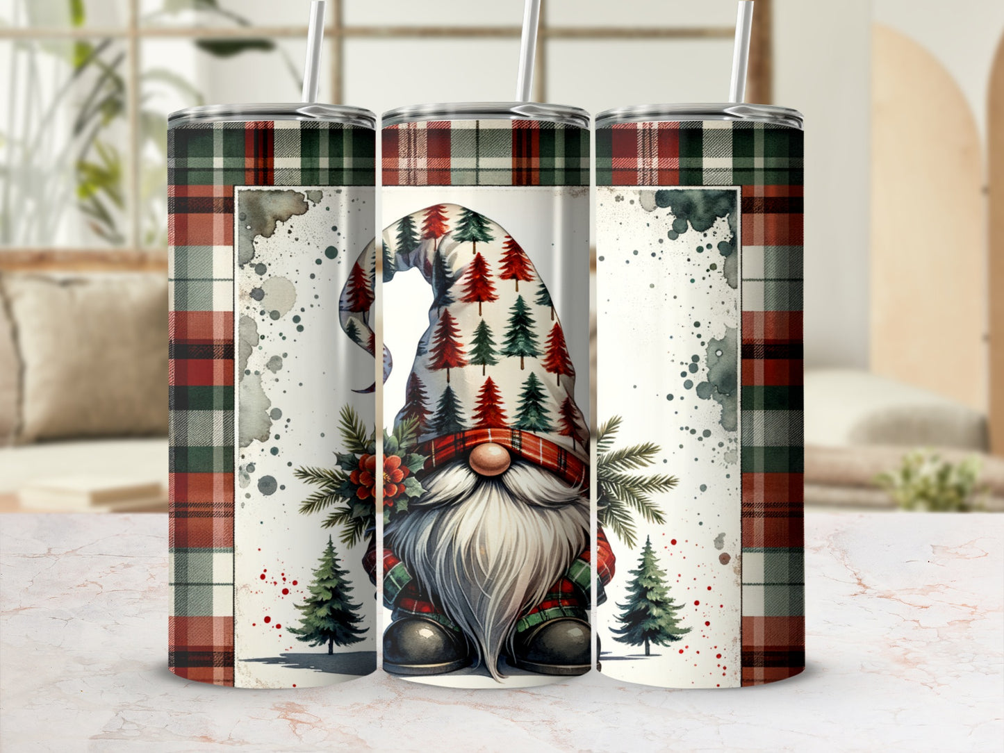 Tapestry tumbler with a gnome and festive plaid design.