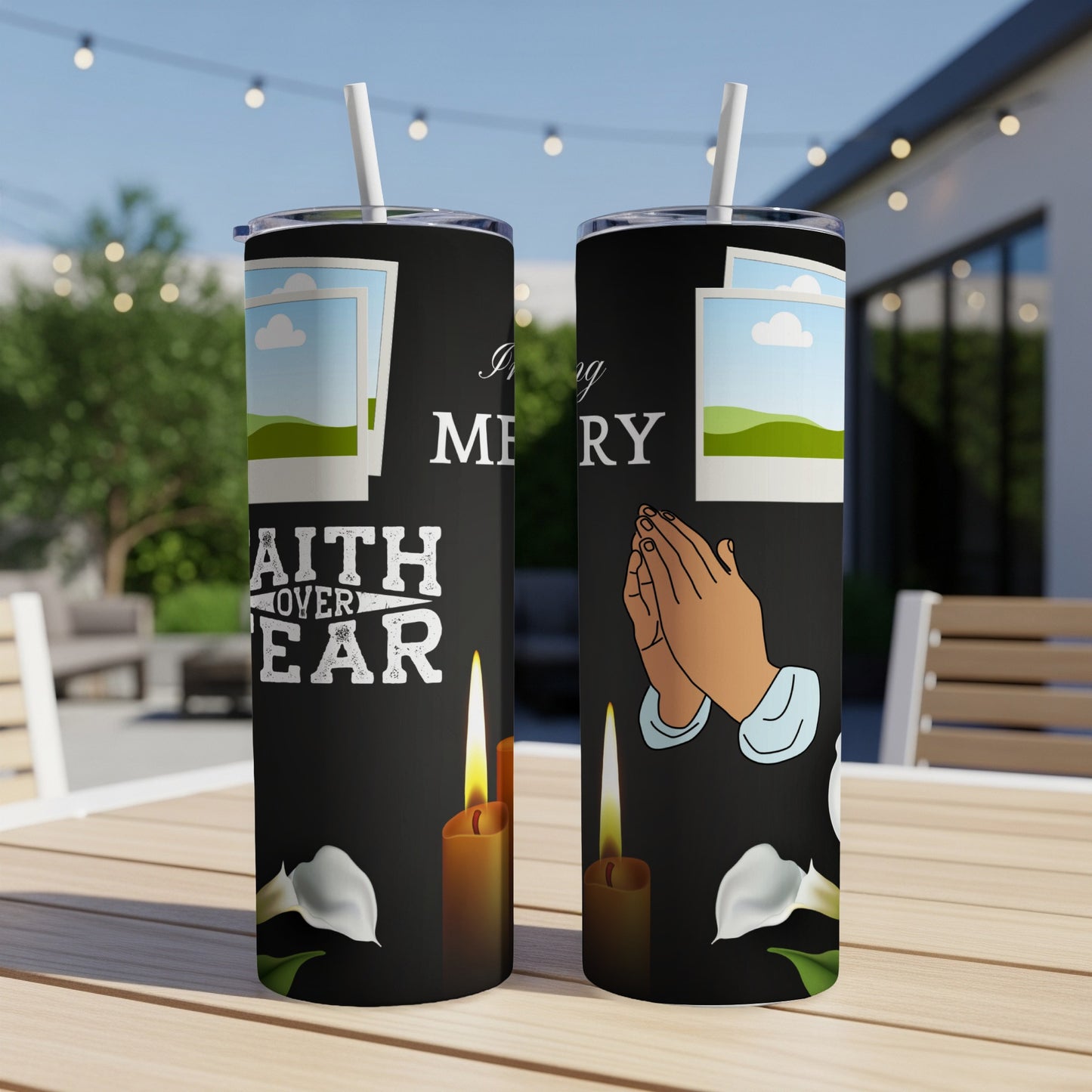 Tumblers with praying hands, candles, and "Faith Over Fear" text on black background.