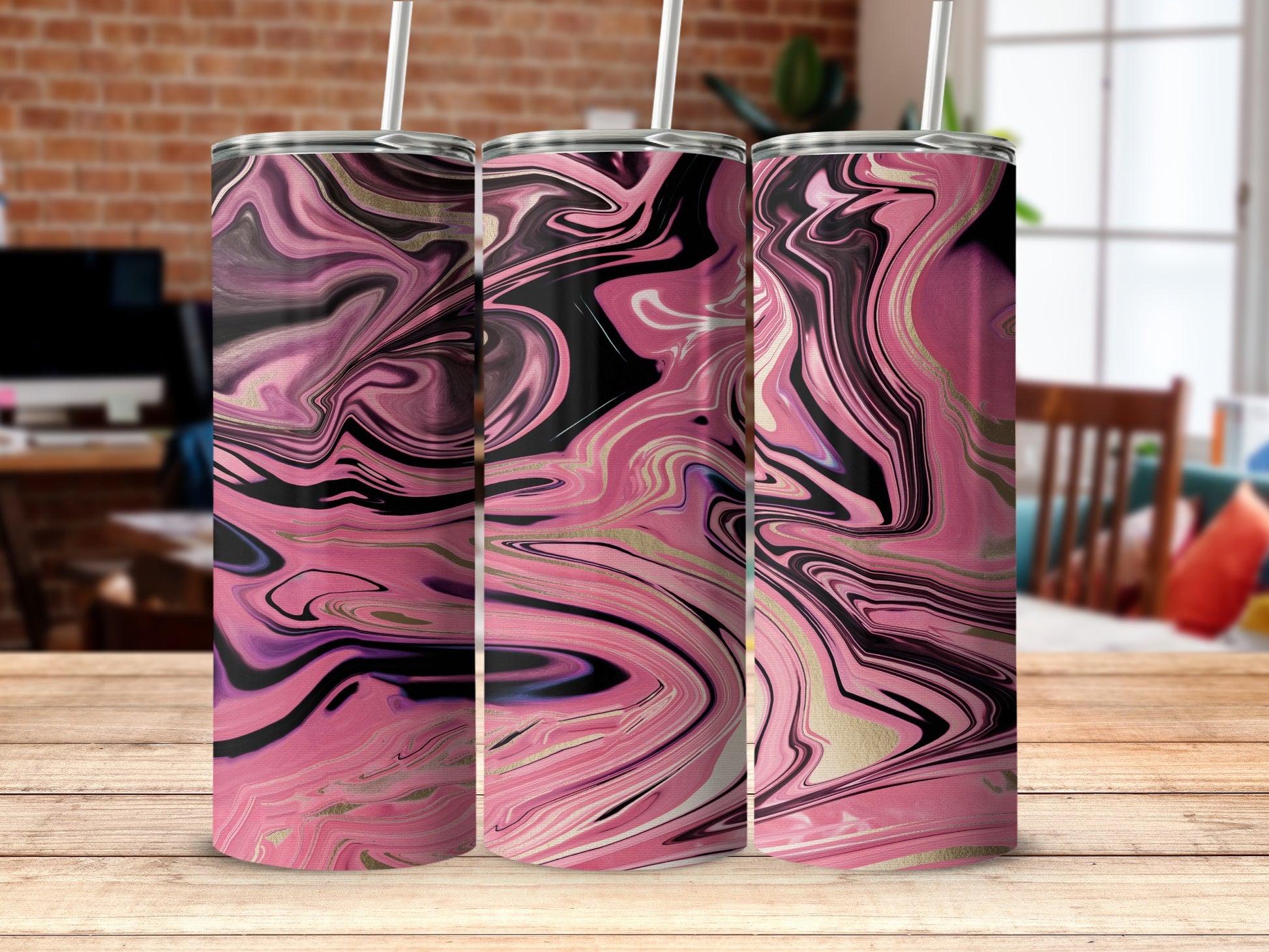 Marble Swirl Tumbler with Straw Vibrant Colors Design