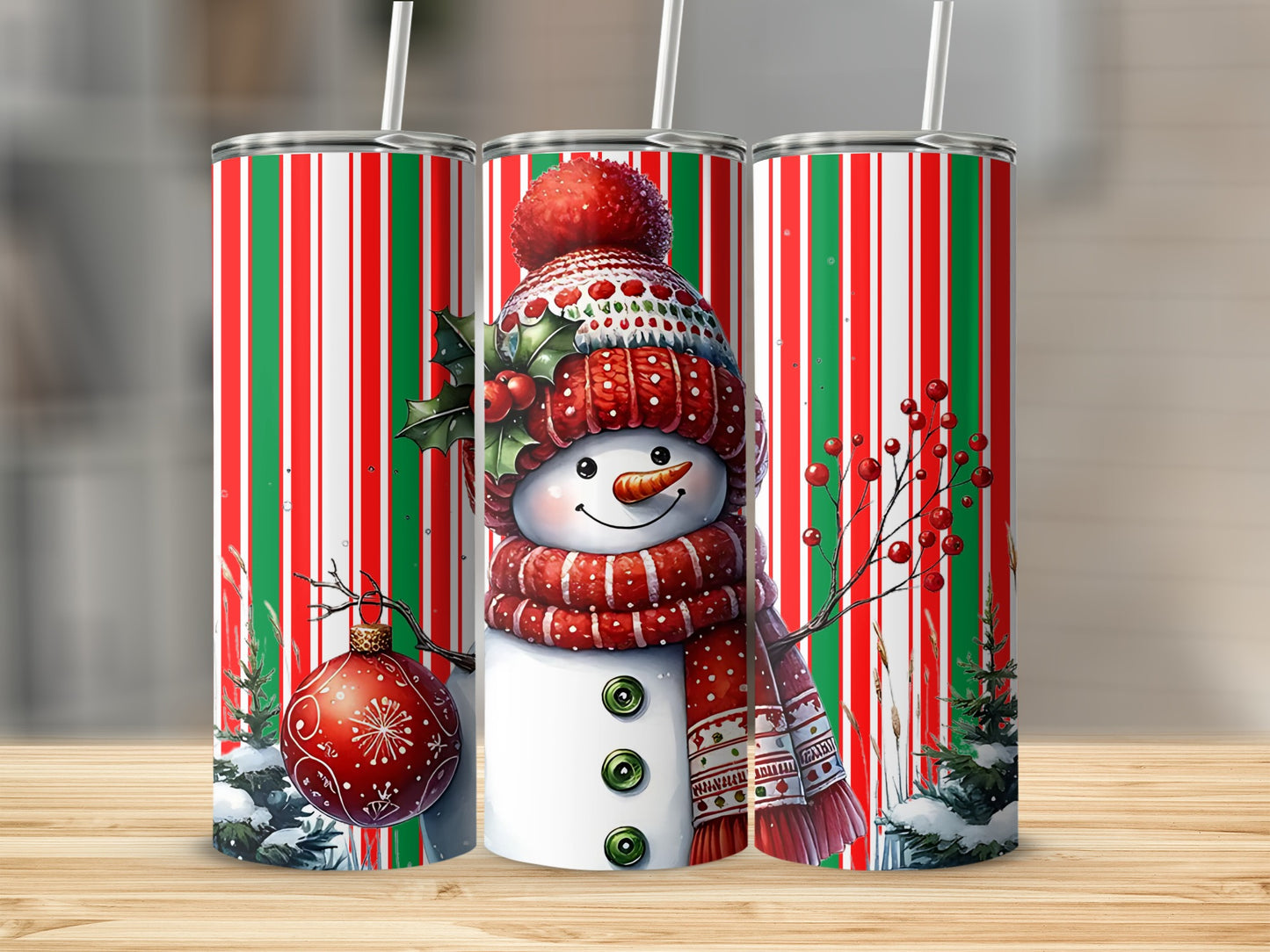 Festive Snowman and Stripes Christmas Tumbler Set