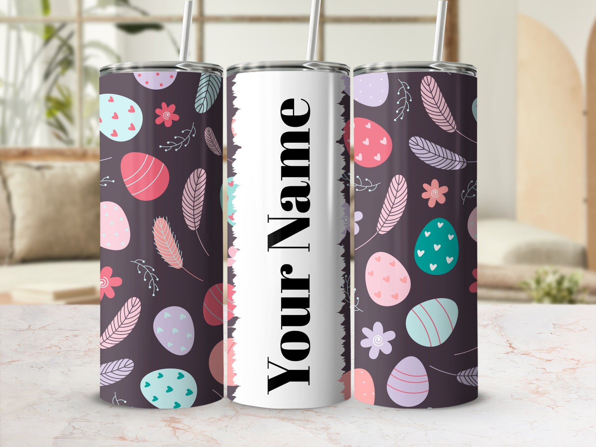 Personalized Easter Themed Tumbler with Eggs Feathers and Flowers