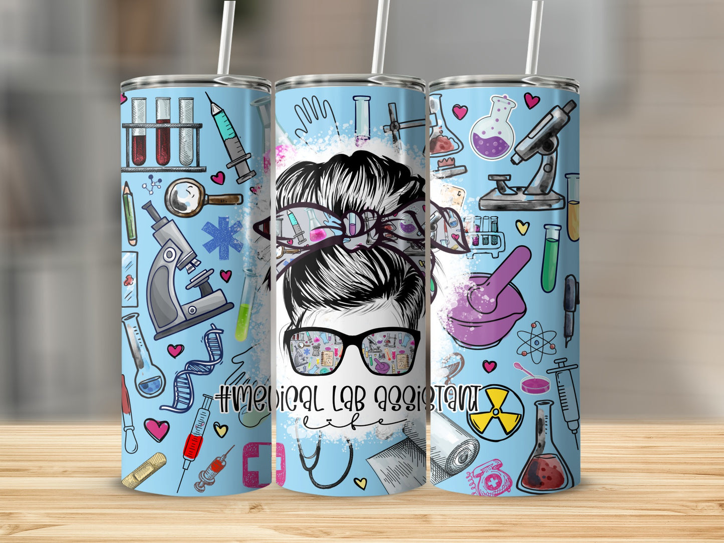 Tumbling cup with medical lab assistant graphic.