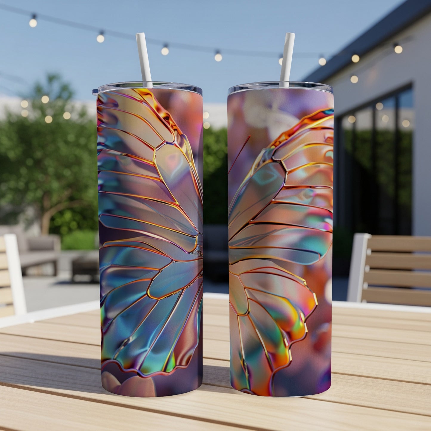 Two iridescent butterfly wing tumblers on a wooden table.