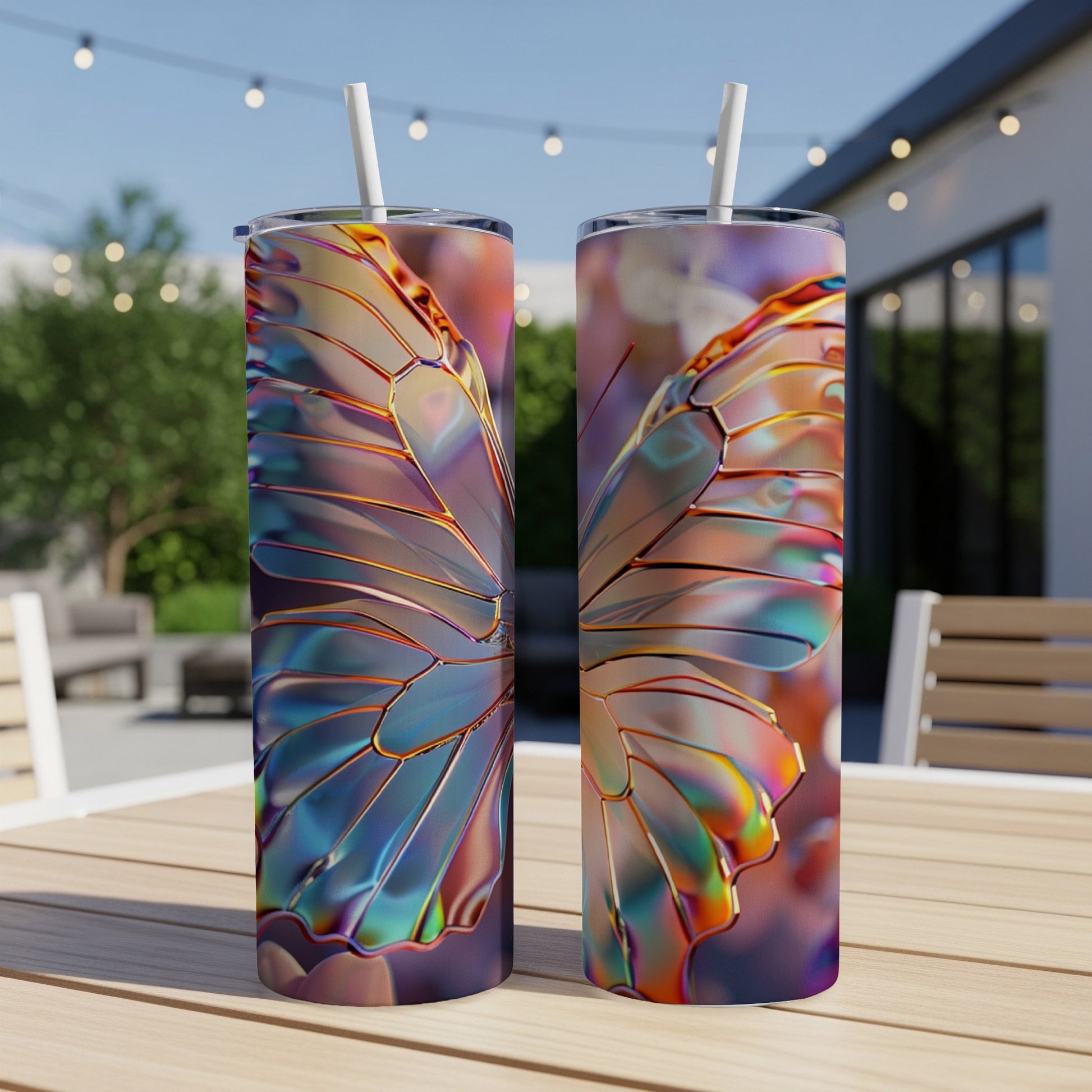 Two iridescent butterfly wing tumblers on a wooden table.