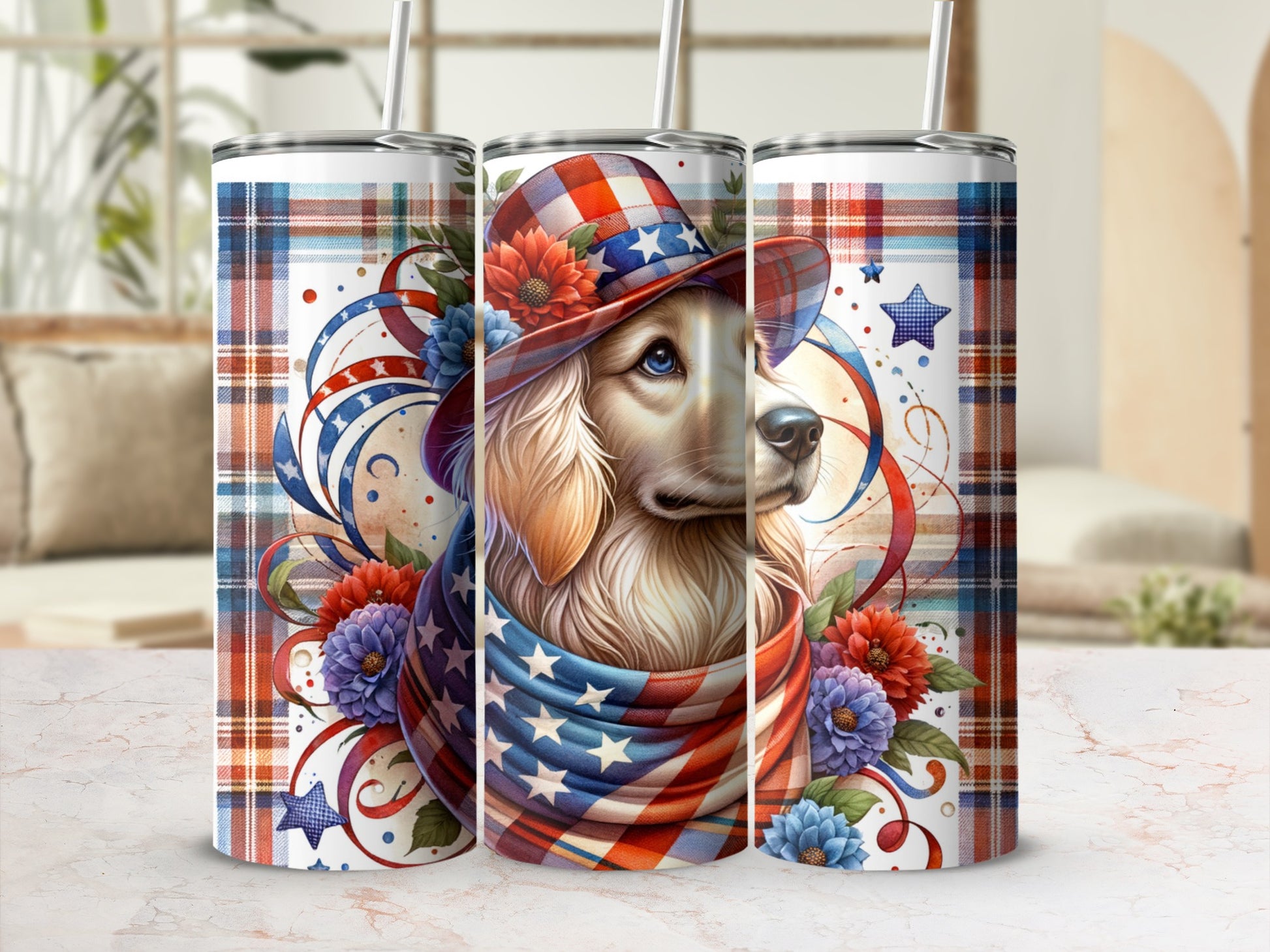 Golden retriever wearing patriotic hat and bandana with stars and stripes.