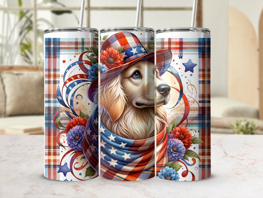 Golden retriever wearing patriotic hat and bandana with stars and stripes.