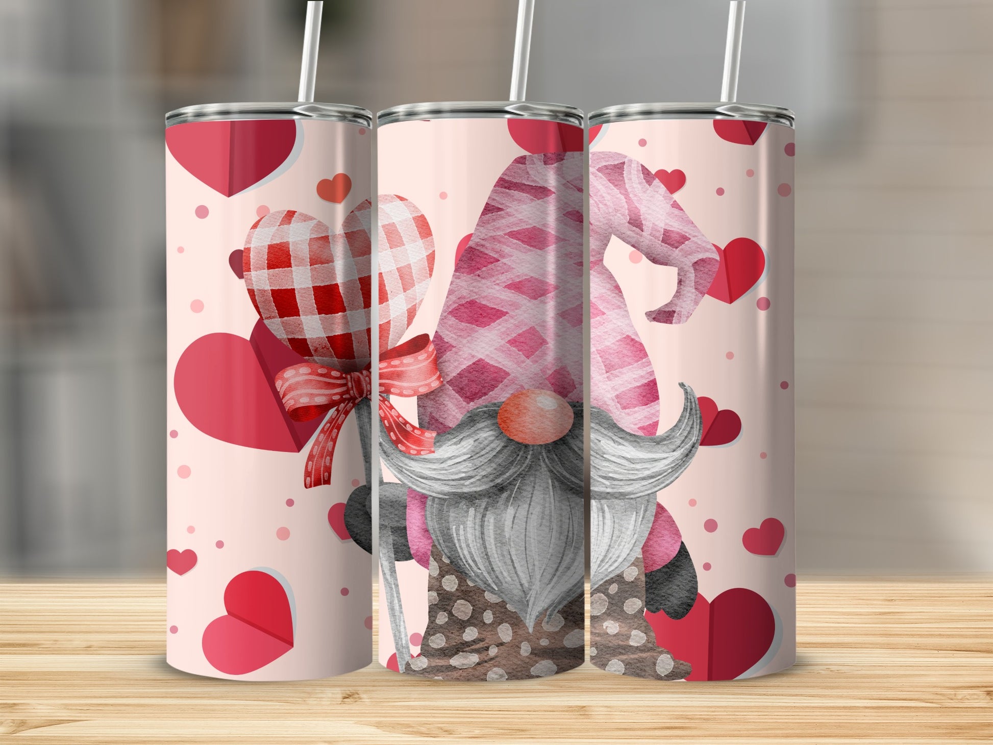 Cute Valentines Gnome Hearts and Plaid Tumbler Design