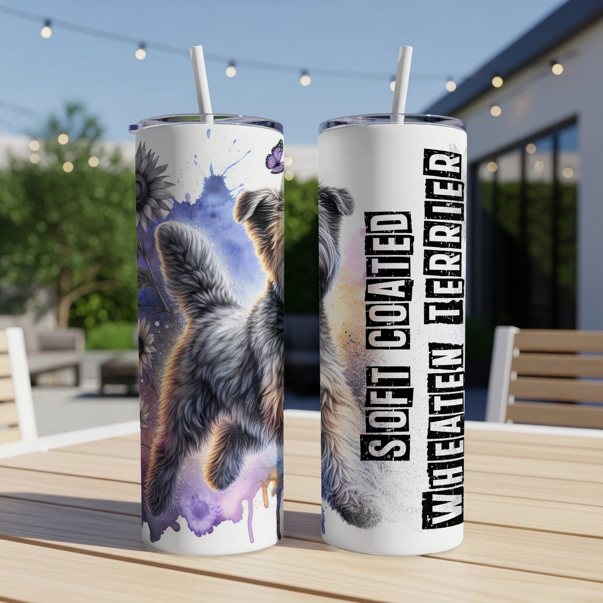 Soft Coated Wheaten Terrier on a tumbler, with watercolor splashes and a butterfly.