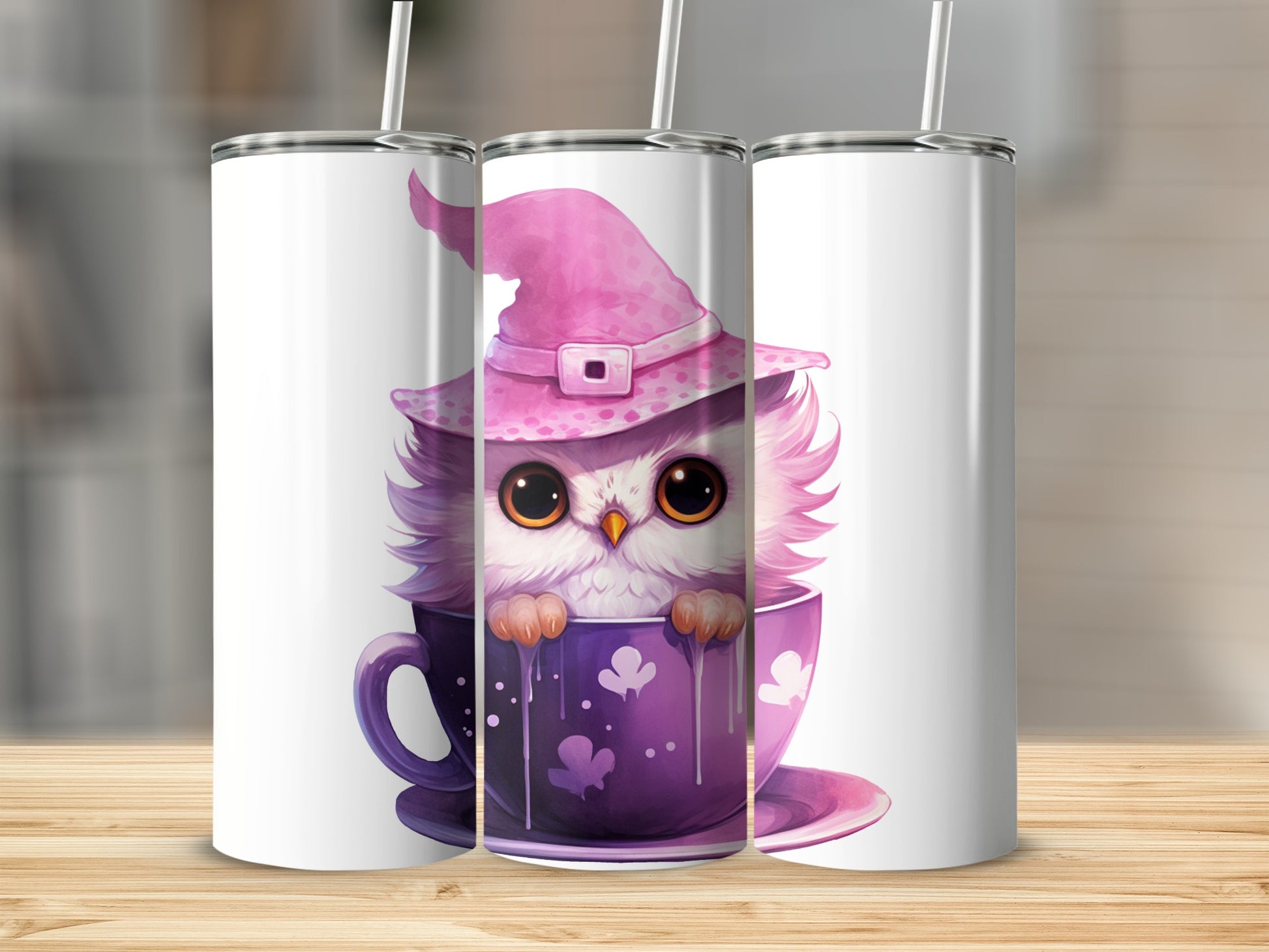 Cute Owl in Pink Witch Hat Design Tumbler Cup