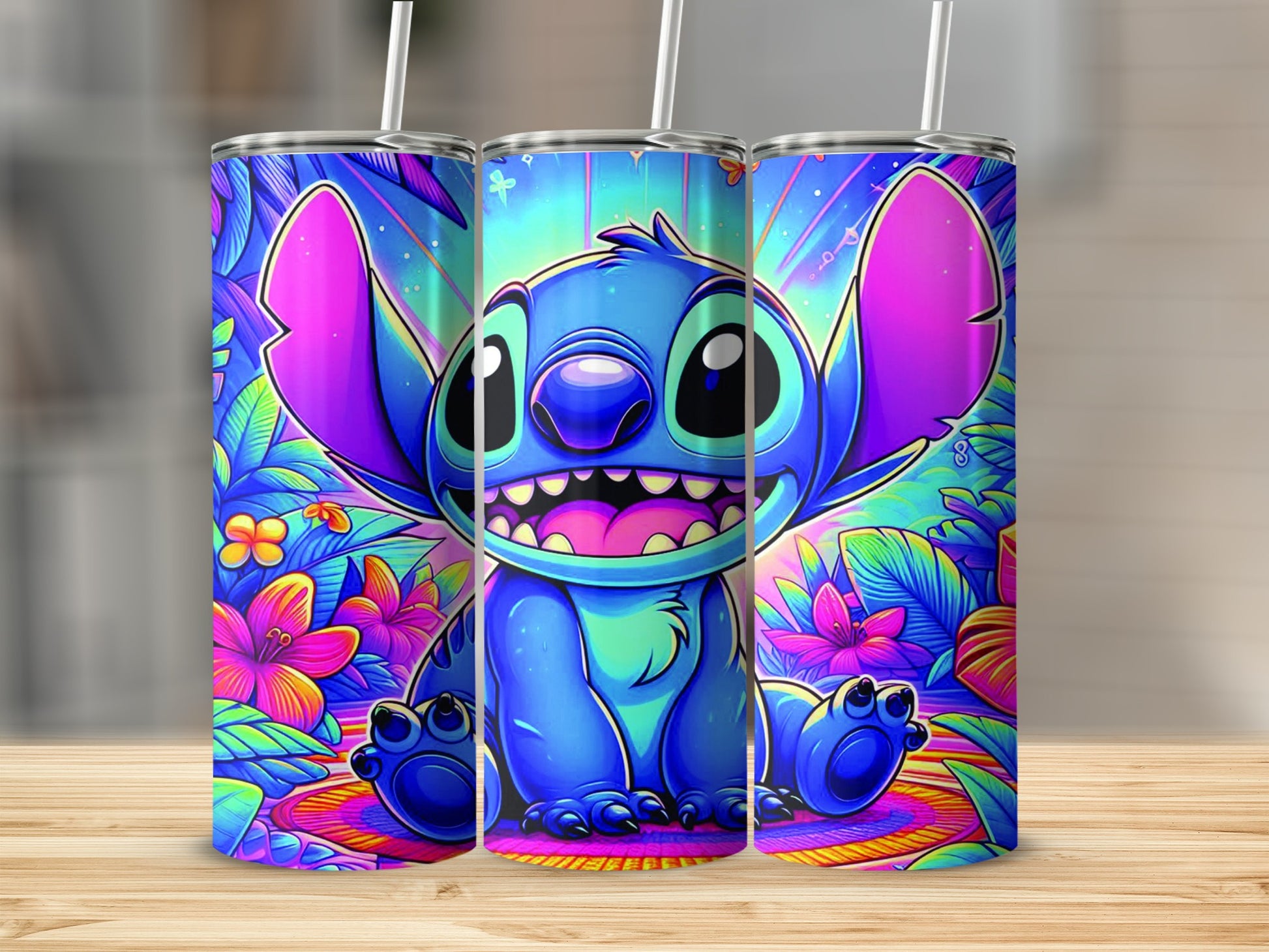 Blue Stitch character surrounded by colorful tropical flowers and leaves.