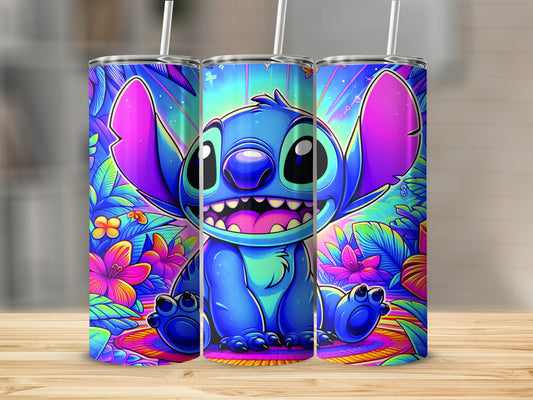 Blue Stitch character surrounded by colorful tropical flowers and leaves.