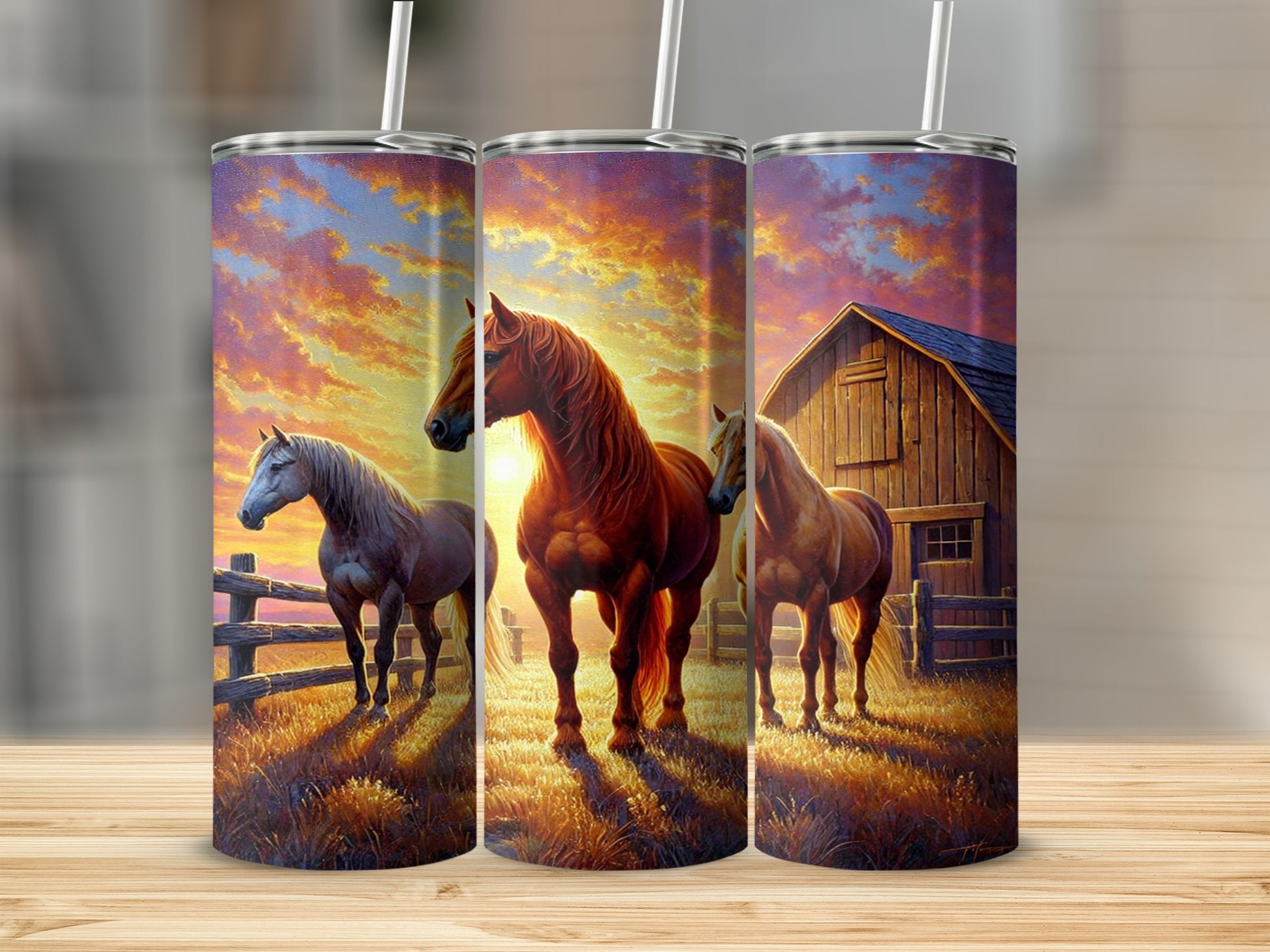 Horses Sunset Farm Scene Insulated Tumbler Cup