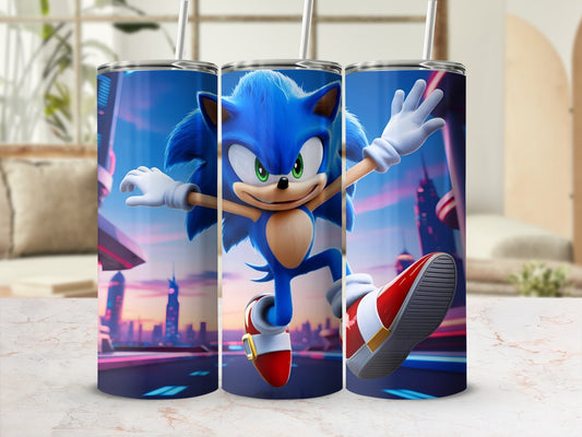 Sonic the Hedgehog running in a city with futuristic buildings.