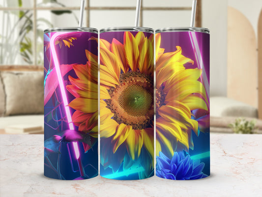 Sunflower and blue floral design on a tumbler with a straw.