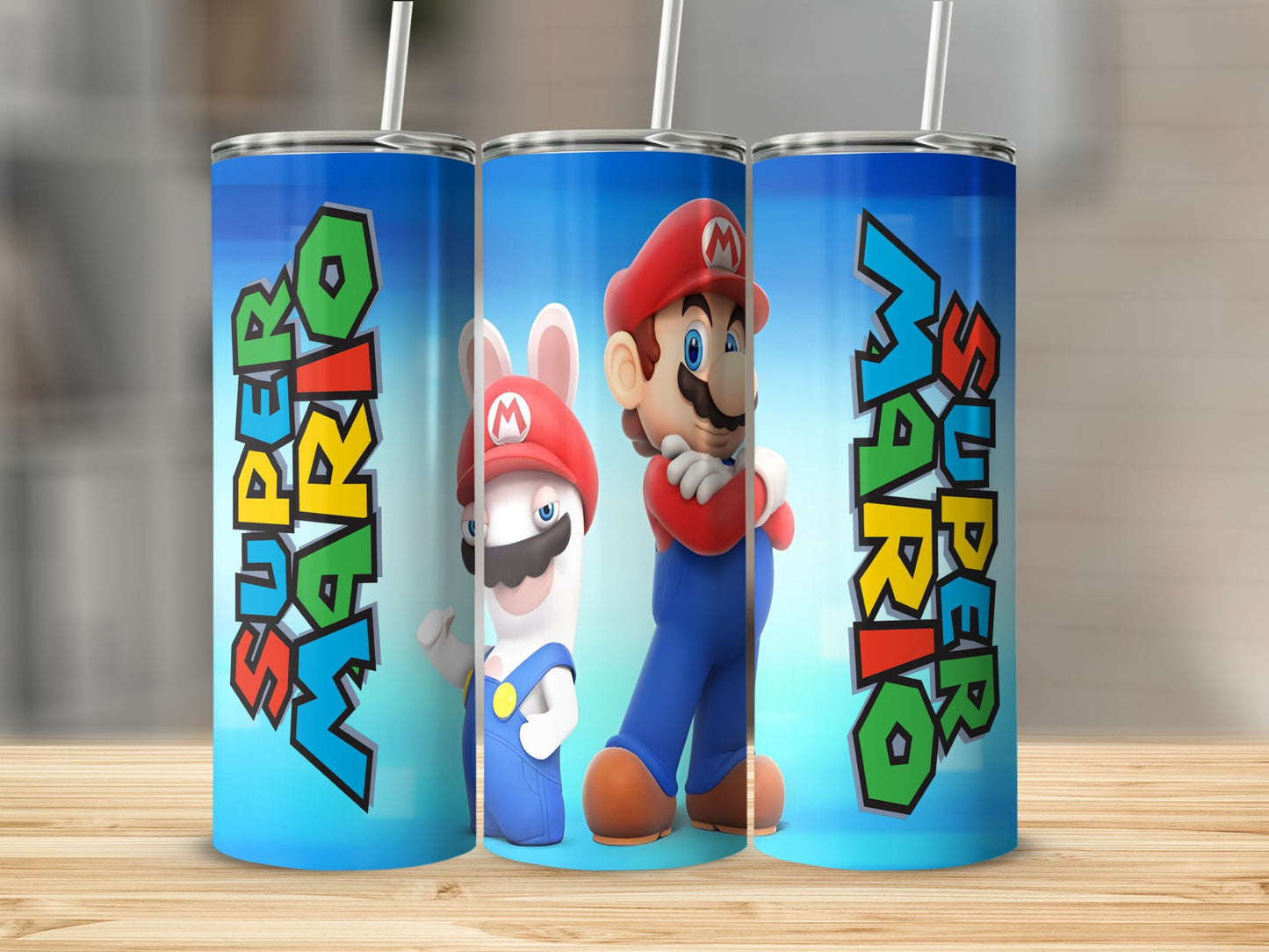 Mario and Rabbid characters on a blue gradient tumbler with "Super Mario" text.