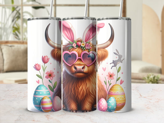 Highland cow with bunny ears and heart sunglasses, surrounded by Easter eggs and flowers.