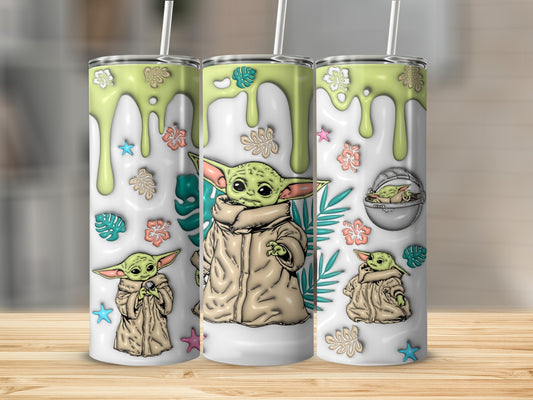 Grogu in a coat, with flowers and stars, on three tumblers.