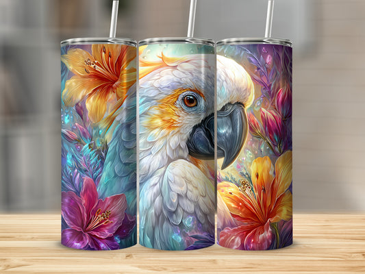 Tropical Parrot and Flowers on Colorful Tumbler