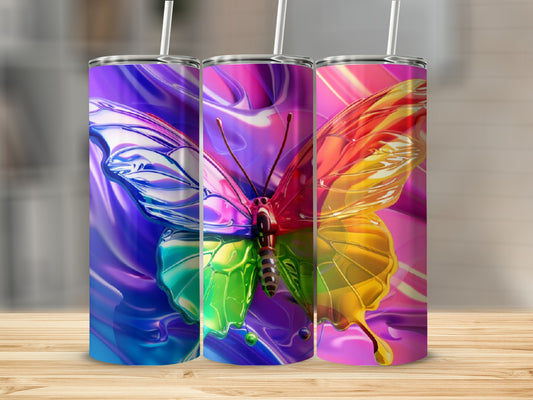 Three iridescent butterfly tumblers with colorful, abstract backgrounds.